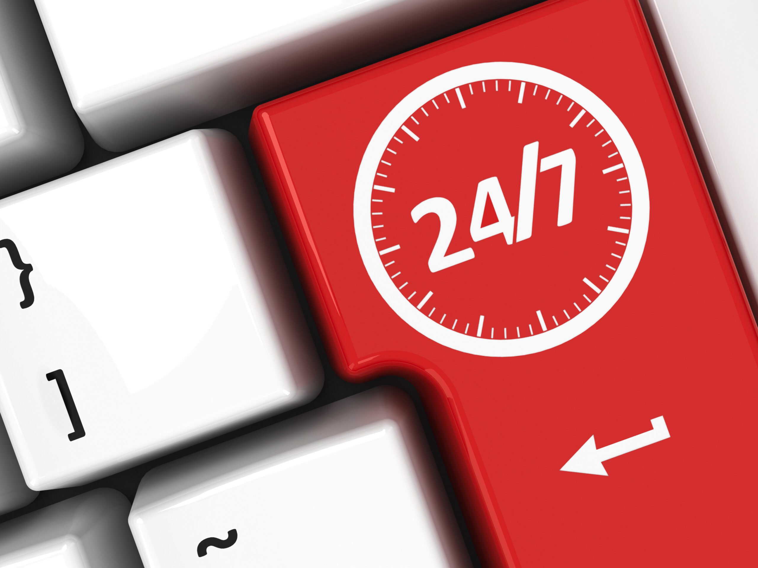 Red round-the-clock key on the computer keyboard represents 24 hours service, three-dimensional rendering