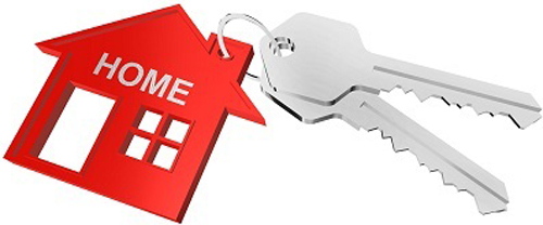 Schlüsselanhänger rot mit Aufschrift Home auf weiß